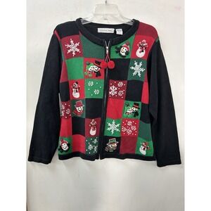 VICTORIA JONES Black Zip Front Snowmen Christmas Sweater Sz L Cardigan Patchwork